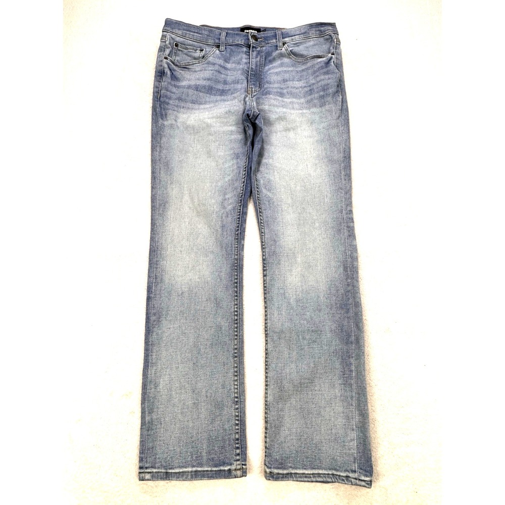 RSQ Jeans Men 33x32 Blue Slim Light Wash Whiskered Distress Taper Mid Rise Denim